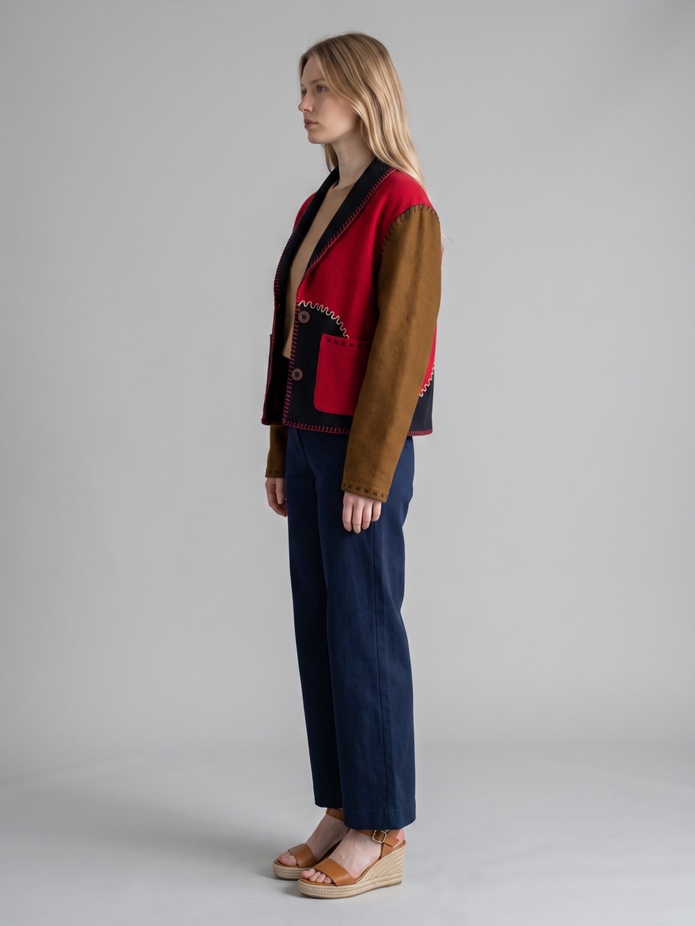 Vintage Sandy Starkman Color-block Red & Navy Wool Blend Blazer Jacket - Picture 8 of 8